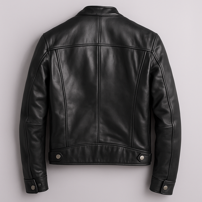 Men's leather jacket with stand collar and multiple zip pockets