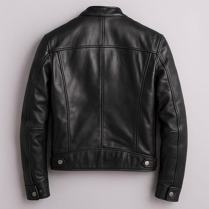 Men's leather jacket with stand collar and multiple zip pockets