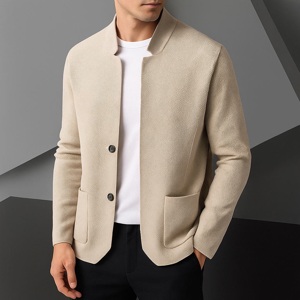 Men's textured knit cardigan with Mandarin collar, buttons and patch pockets