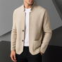 Men's textured knit cardigan with Mandarin collar, buttons and patch pockets