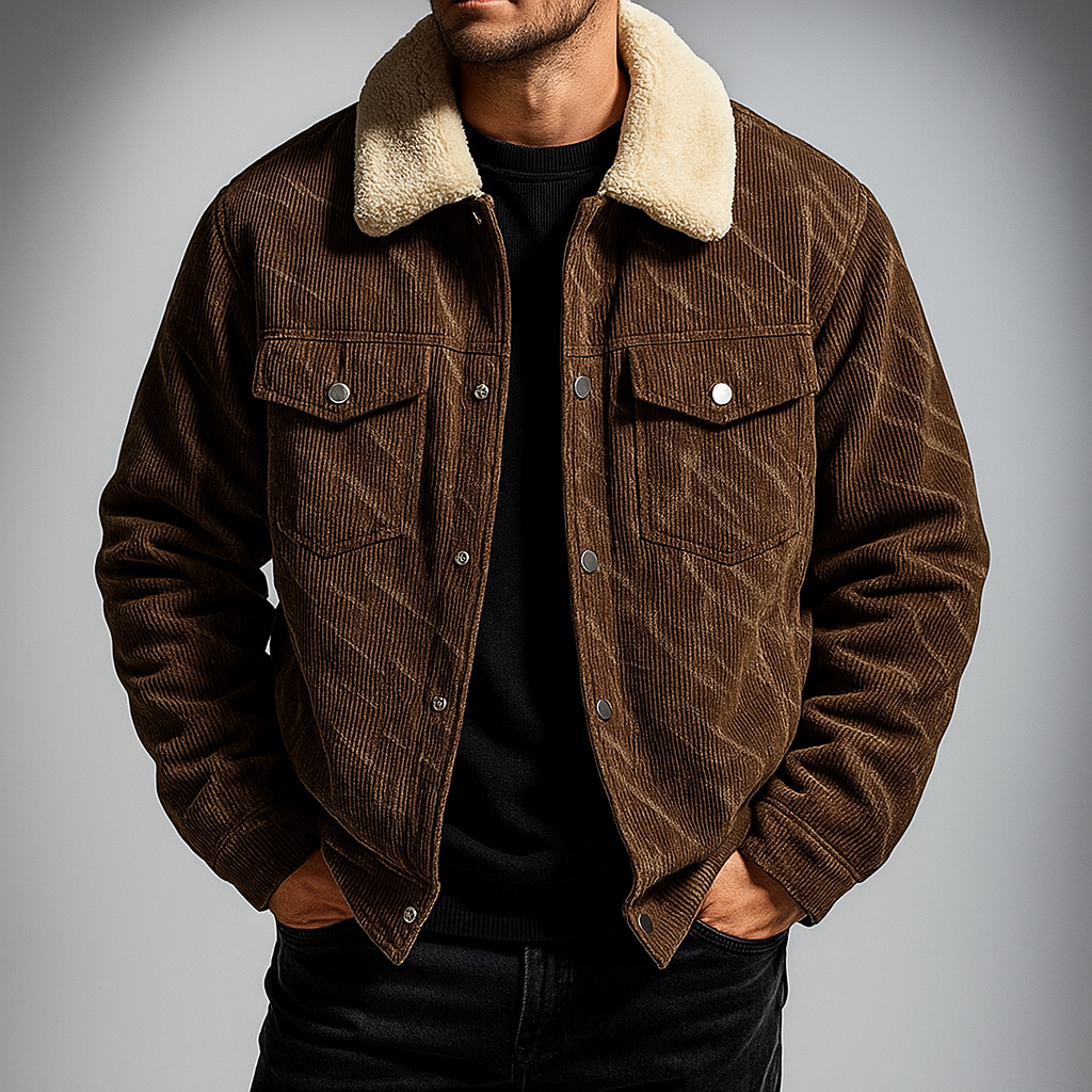 Men's textured corduroy jacket with contrasting collar and button front