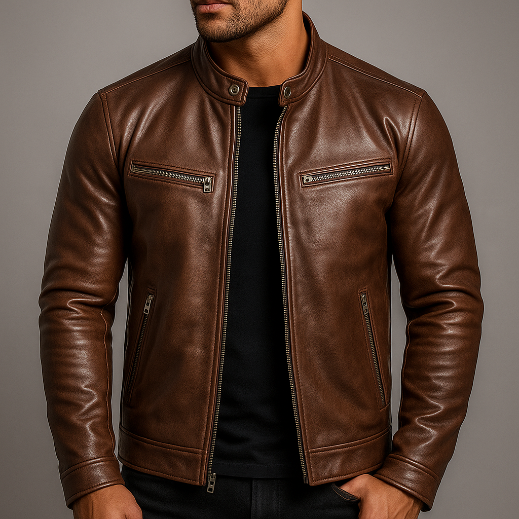 Men's leather jacket with stand collar and multiple zip pockets