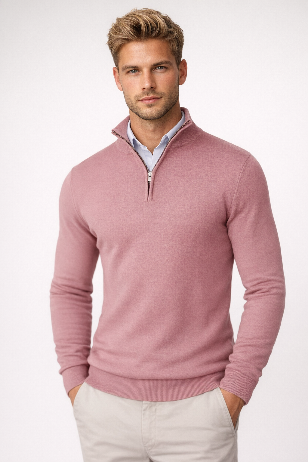 Men's half-zip jumper with raised mock neck and ribbed trims