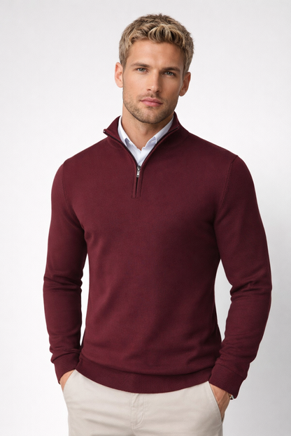 Men's half-zip jumper with raised mock neck and ribbed trims