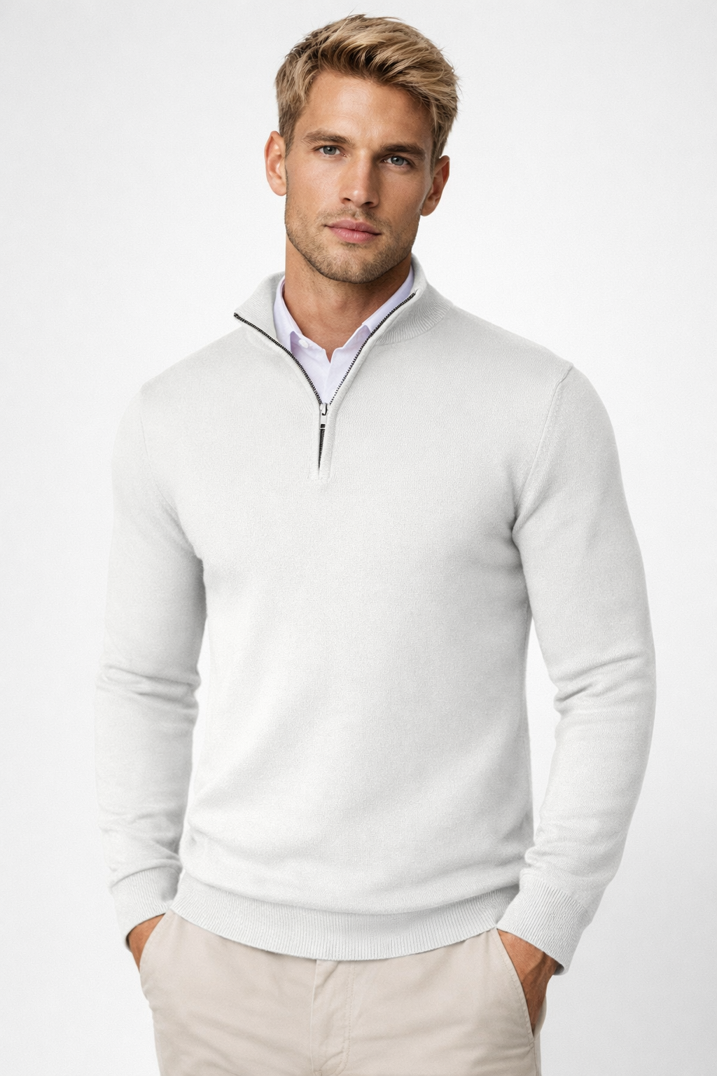 Men's half-zip jumper with raised mock neck and ribbed trims