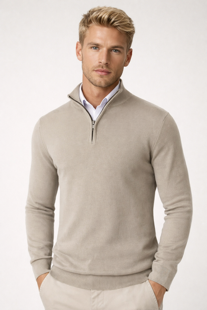 Men's half-zip jumper with raised mock neck and ribbed trims