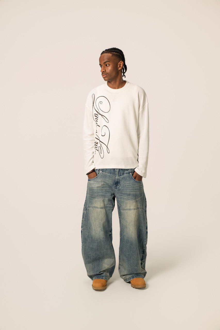 White waffle-textured sweatshirt