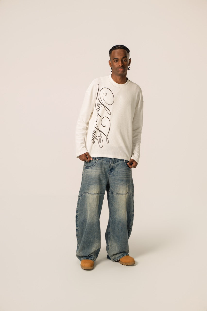 White waffle-textured sweatshirt