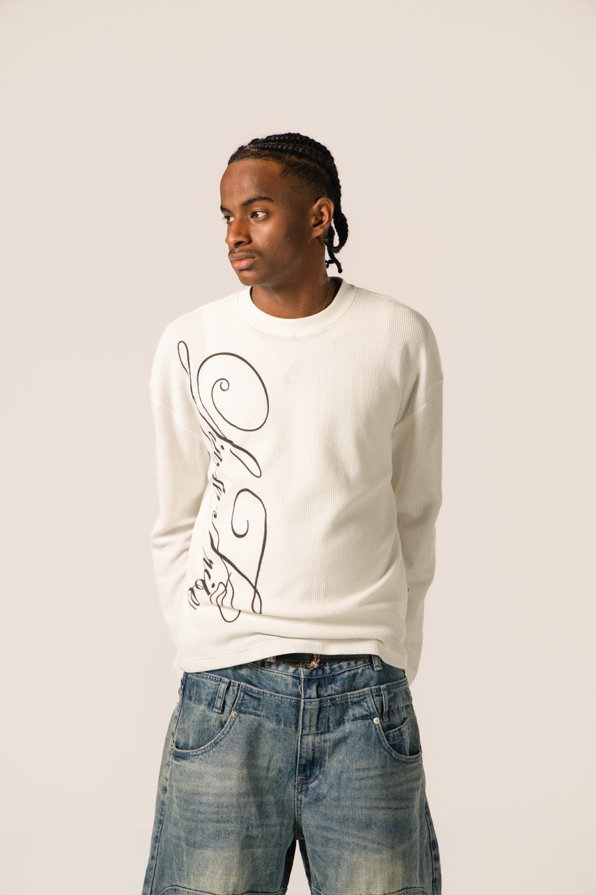 White waffle-textured sweatshirt