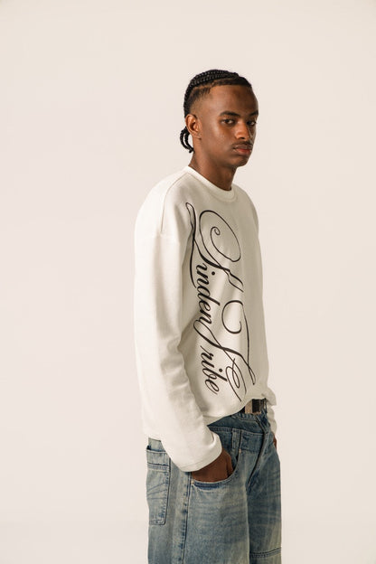 White waffle-textured sweatshirt