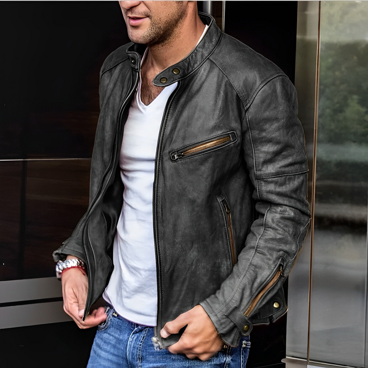 Men's aviator-style leather jacket with long sleeves