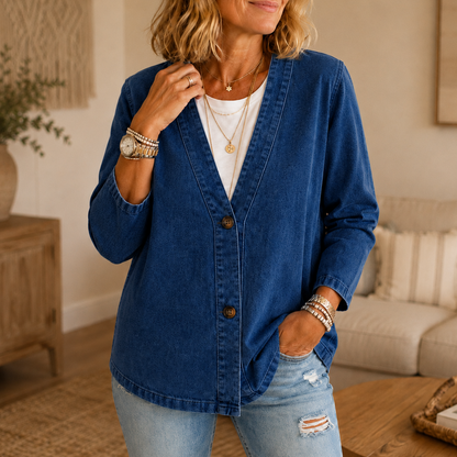 Collarless soft-denim-look button-down cardigan