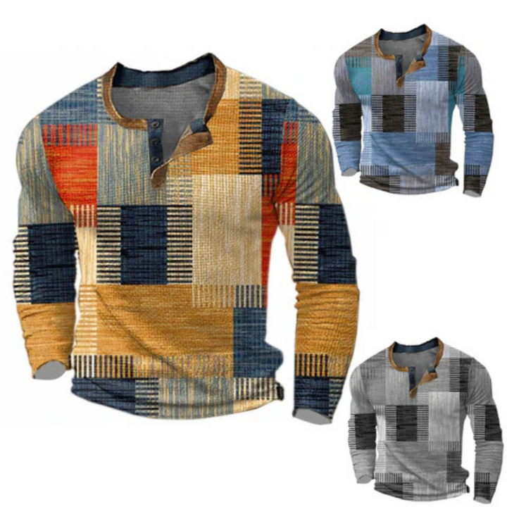 Men's multicoloured patchwork henley sweater with long sleeves