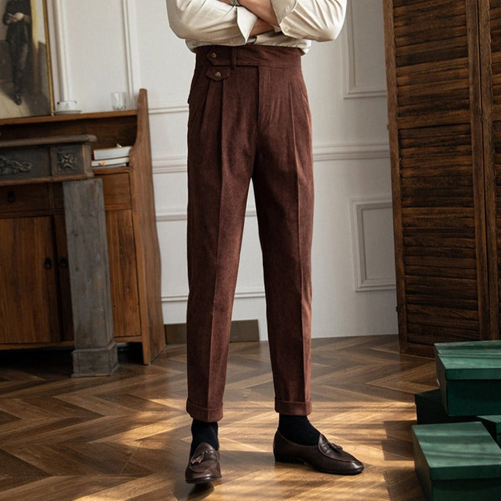 Men's corduroy pleated trousers with high-rise wide legs