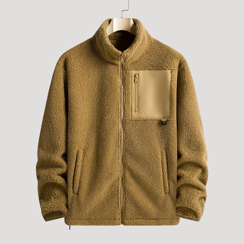 Men's textured fleece jacket with high collar, full zip and chest pocket
