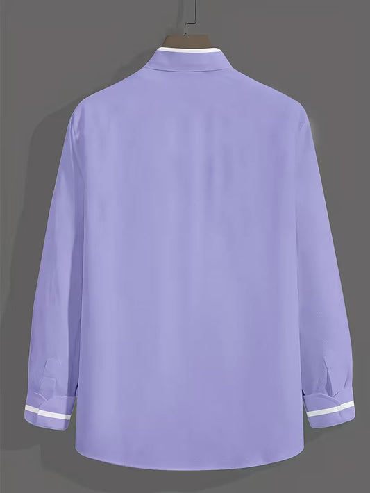 Men's Long Sleeve Grandad Collar Shirt, Contrast Trim Button-Front Business Casual Shirt
