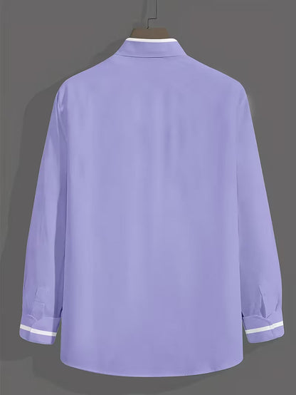 Men's lavender long sleeve grandad collar shirt with white contrast cuff and chest pocket trim