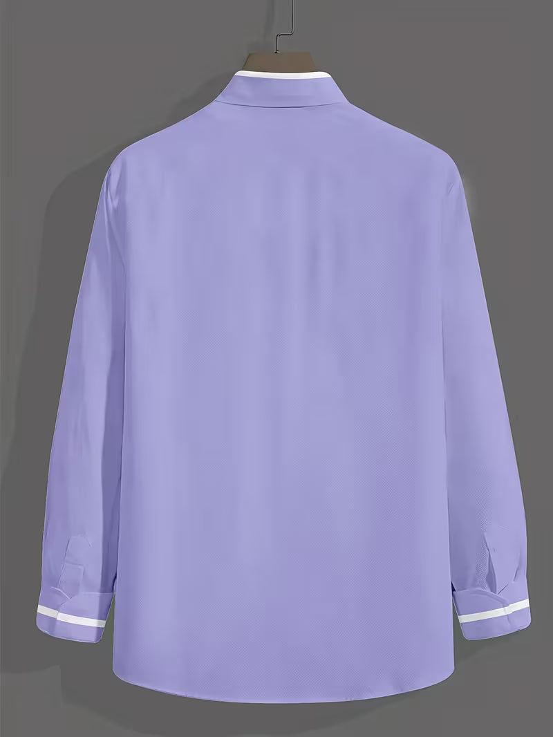 Men's purple grandad collar shirt with white contrast cuff trim and chest pocket