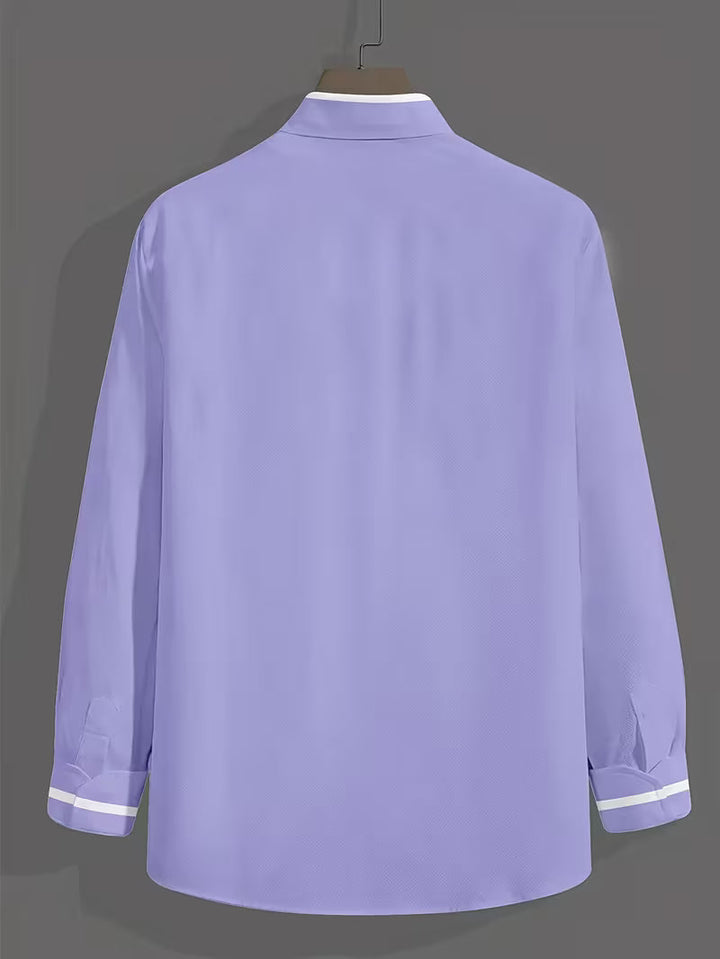 Men's purple grandad collar shirt with white contrast cuff trim and chest pocket
