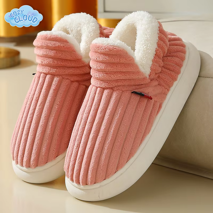 Ribbed fleece slip-on slippers in green and pink
