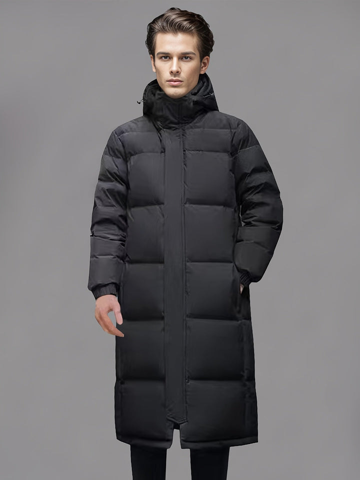 Men's black long hooded puffer coat with quilted panels