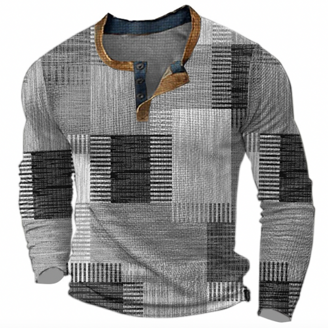 Men's multicoloured patchwork henley sweater with long sleeves