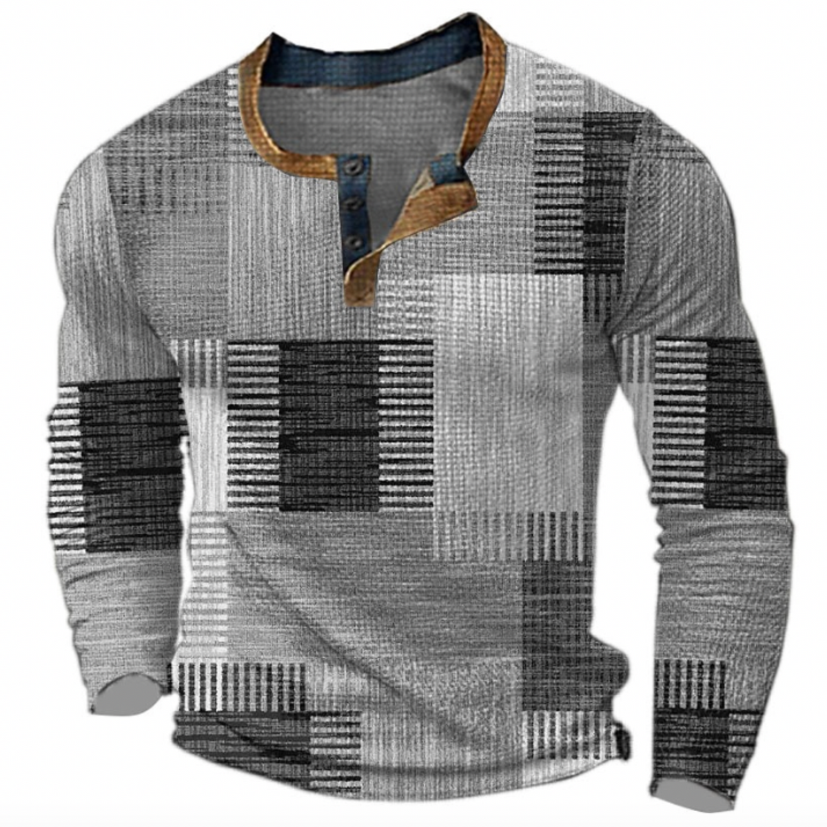 Men's multicoloured patchwork henley sweater with long sleeves