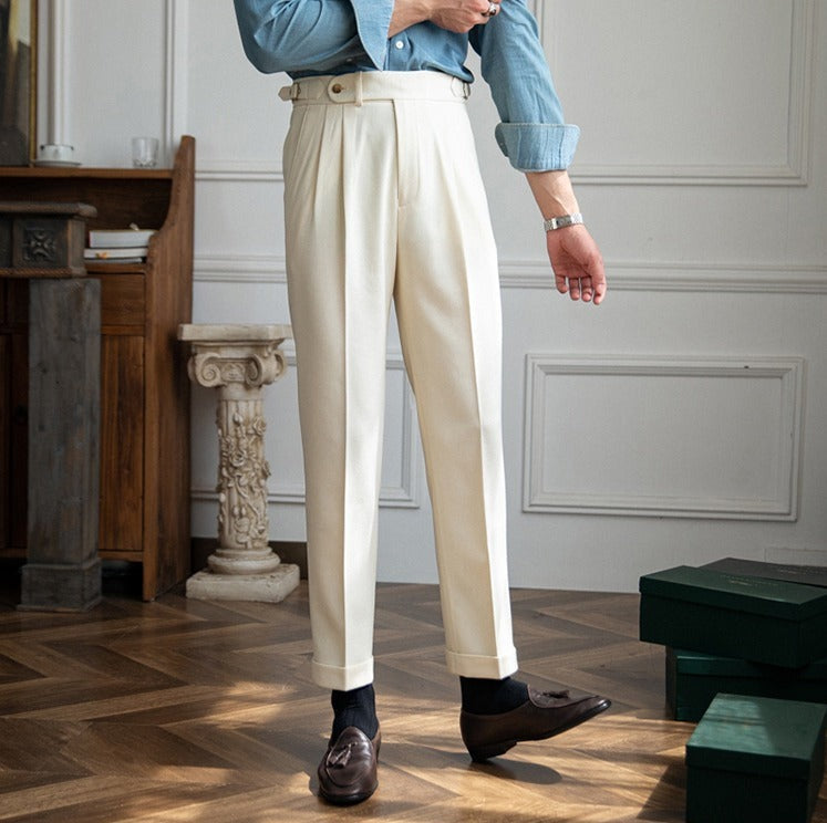 Men's double pleat trousers with side tabs and cuffed hems