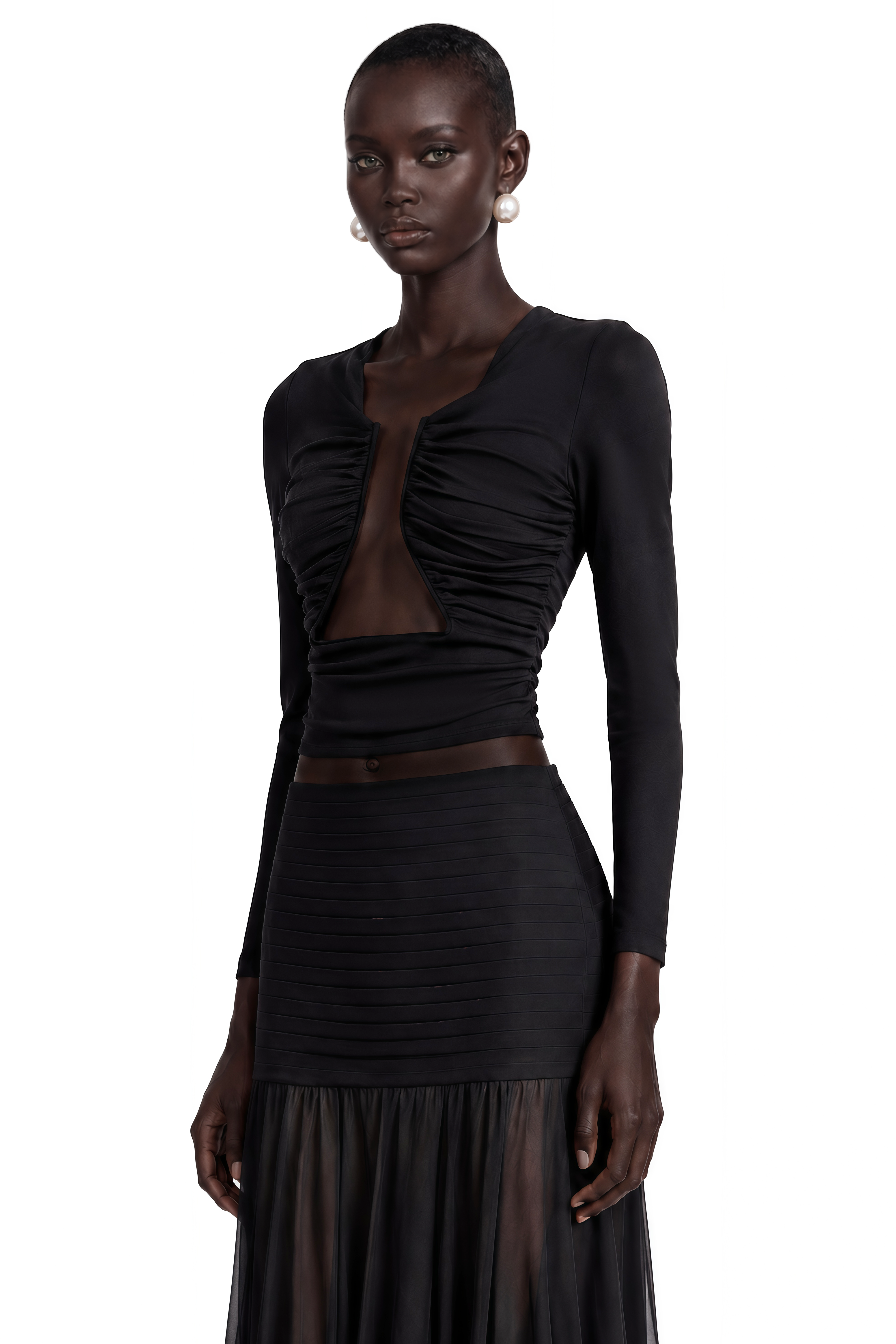 Women's black long sleeve fitted crop top with gathered ruching and open front cutout