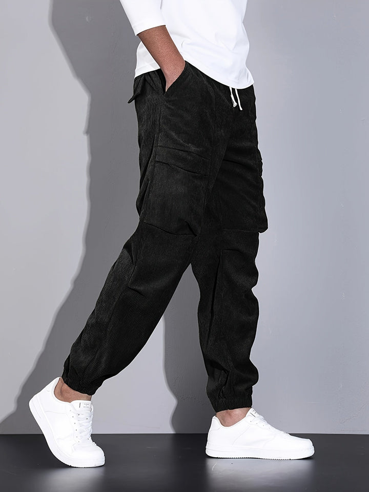 Men's corduroy cargo trousers with tapered legs and elasticated cuffs