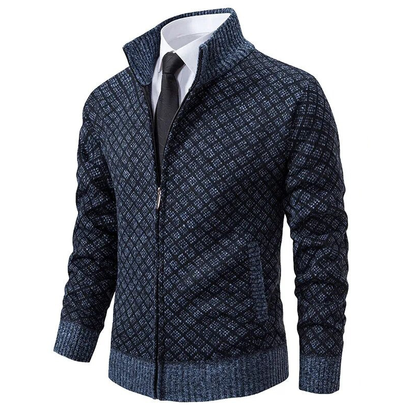 Men's geometric patterned zip-up sweater with mock neck and ribbed trims