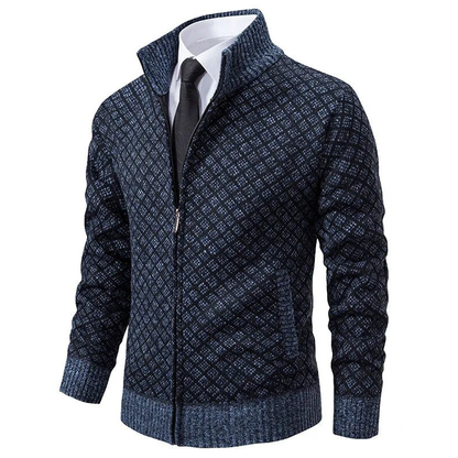 Men's geometric patterned zip-up sweater with mock neck and ribbed trims