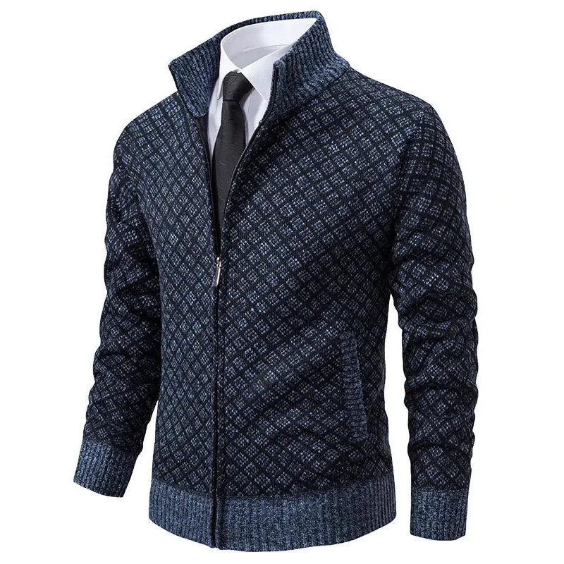 Men's textured geometric cardigan with mock neck and front zip