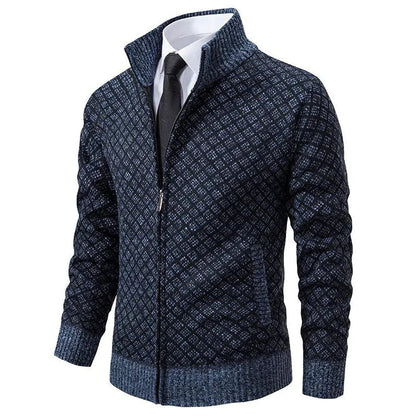 Men's textured geometric cardigan with mock neck and front zip