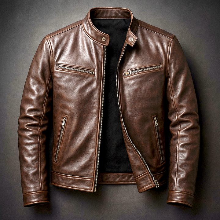 Men's leather jacket with stand collar and multiple zip pockets
