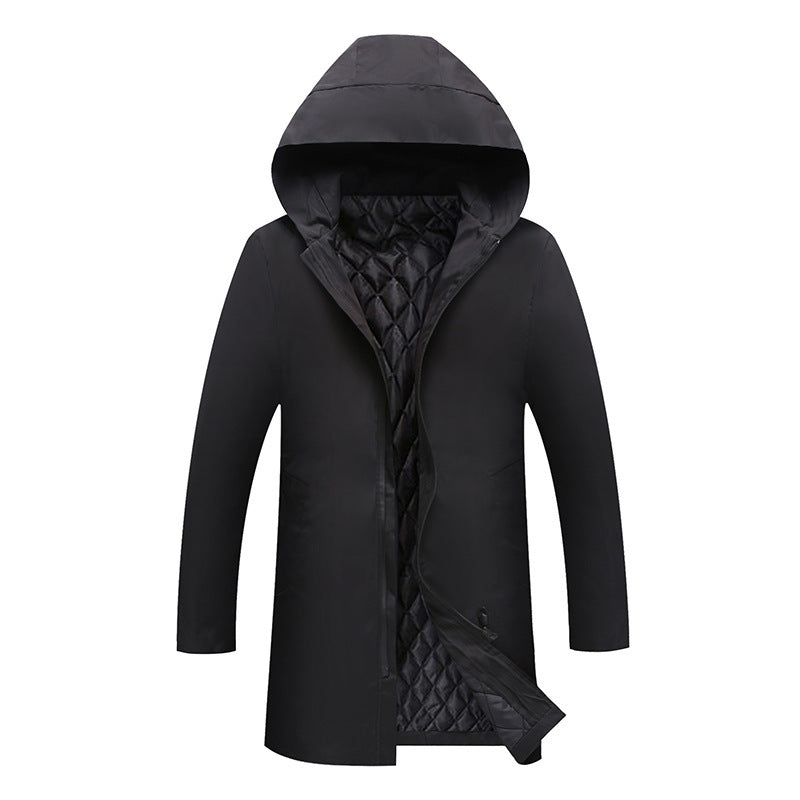 Men's hooded longline coat with zip front, drawcords and side pockets