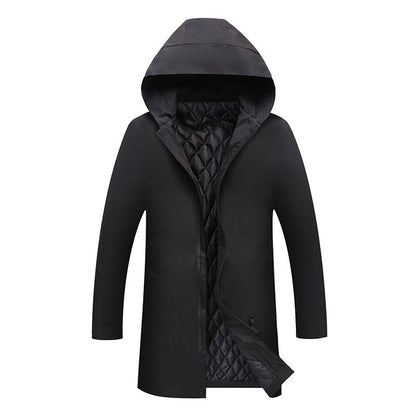 Men's hooded longline coat with zip front, drawcords and side pockets