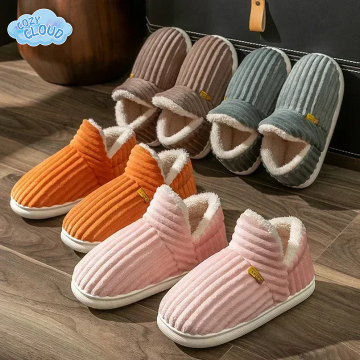 Ribbed fleece slip-on slippers in green and pink
