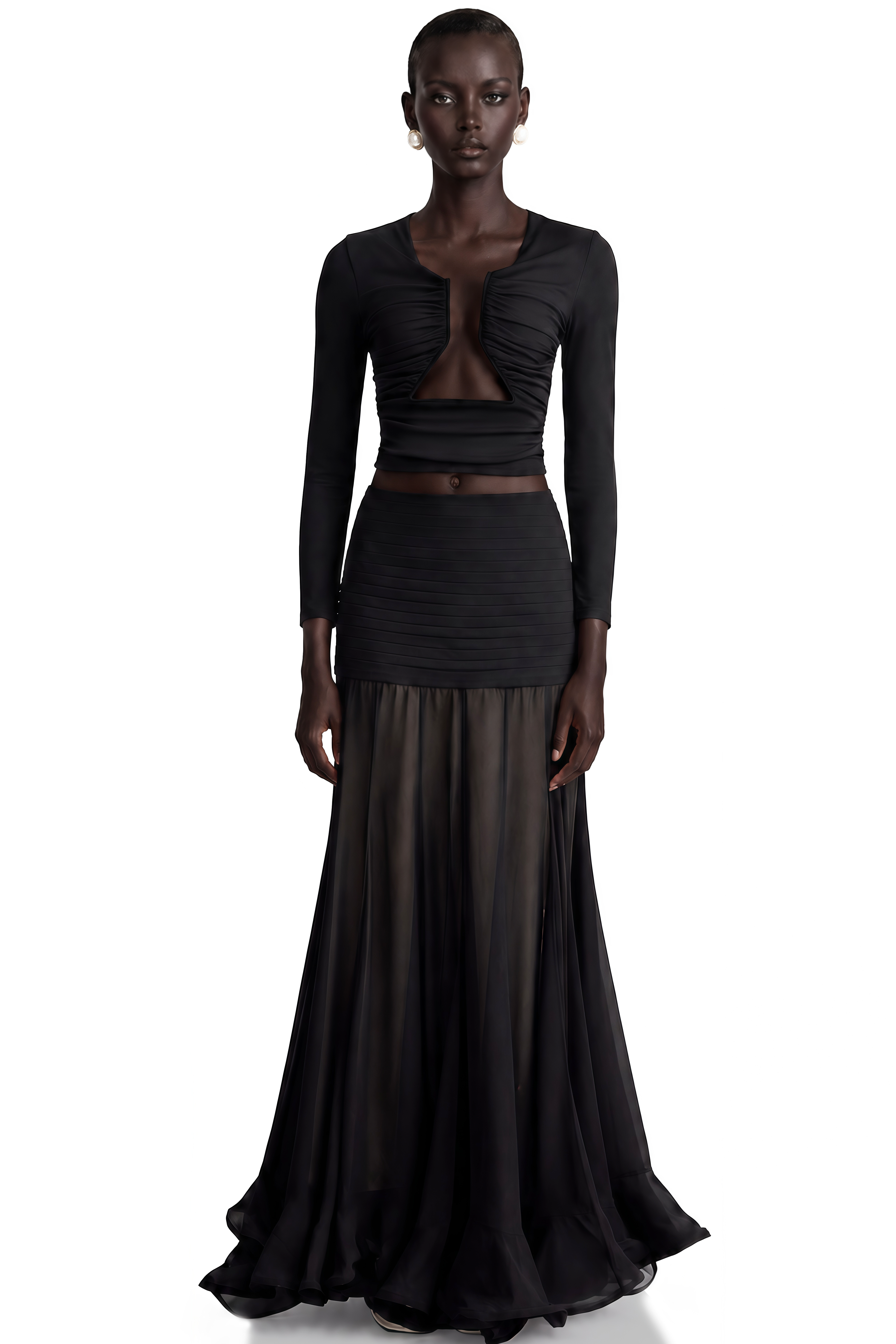 Women's black long sleeve fitted crop top with gathered ruching and open front cutout