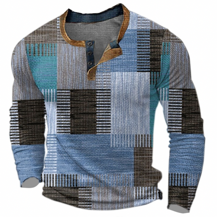 Men's multicoloured patchwork henley sweater with long sleeves