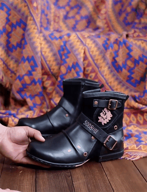 Men's biker ankle boots with buckle straps and rounded toes