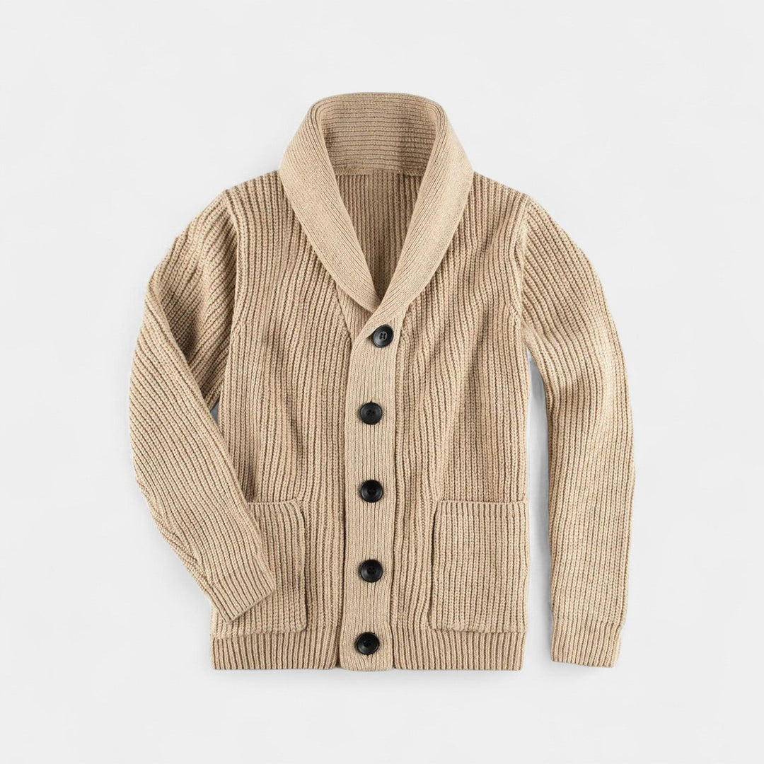 Men's ribbed button cardigan with shawl collar and front patch pockets
