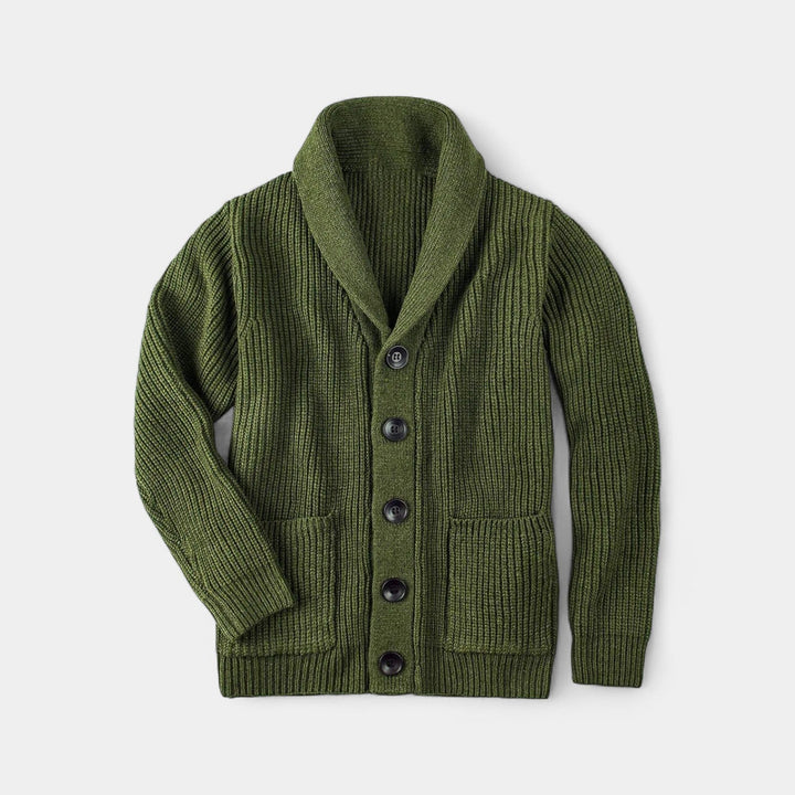 Men's ribbed button cardigan with shawl collar and front patch pockets