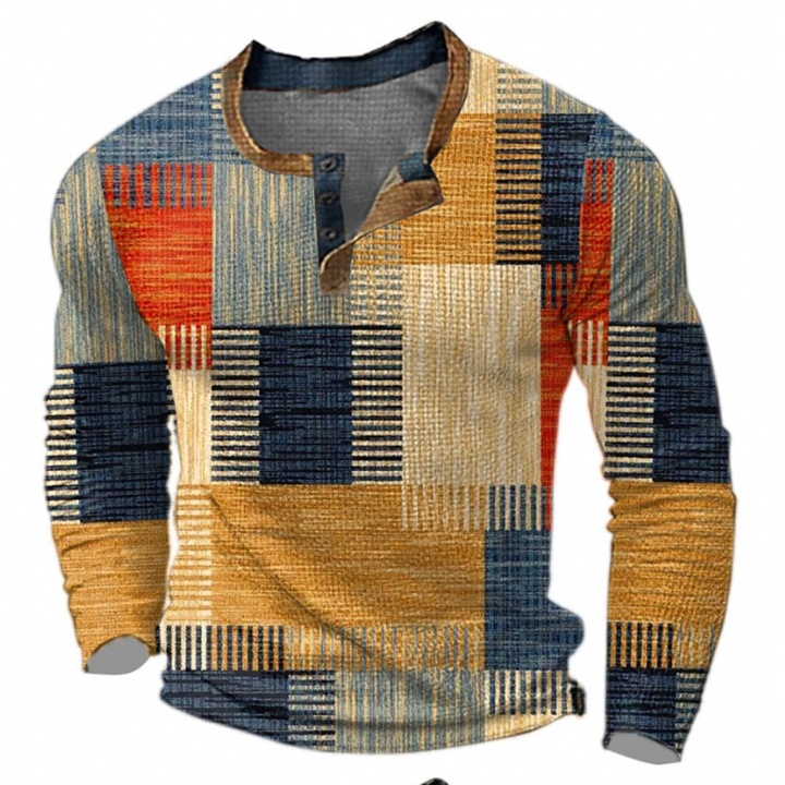 Men's multicoloured patchwork henley sweater with long sleeves