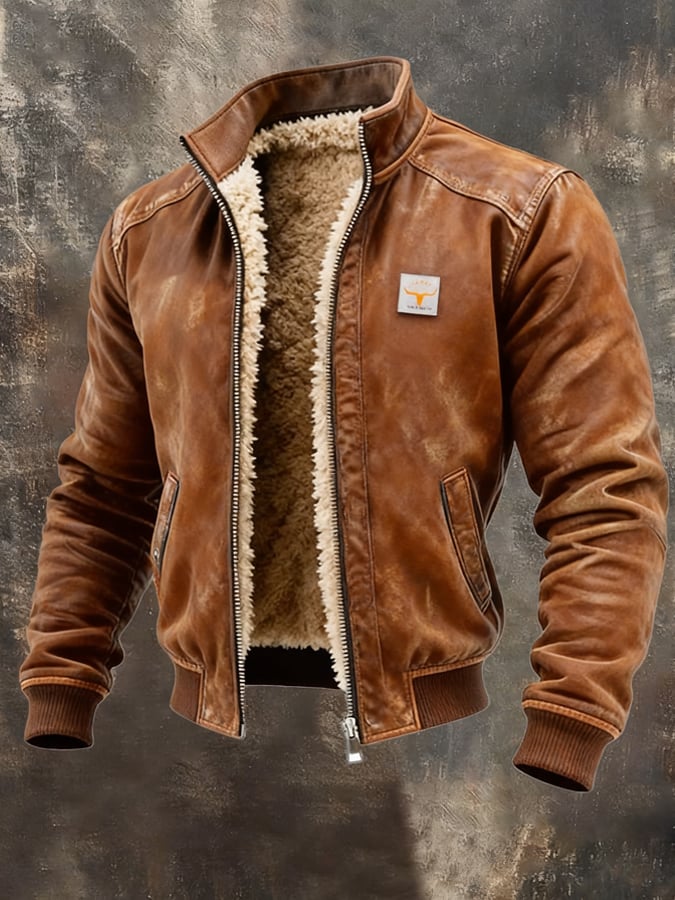 Warm-lined men's aviator jacket with stand collar, zip front and ribbed trims