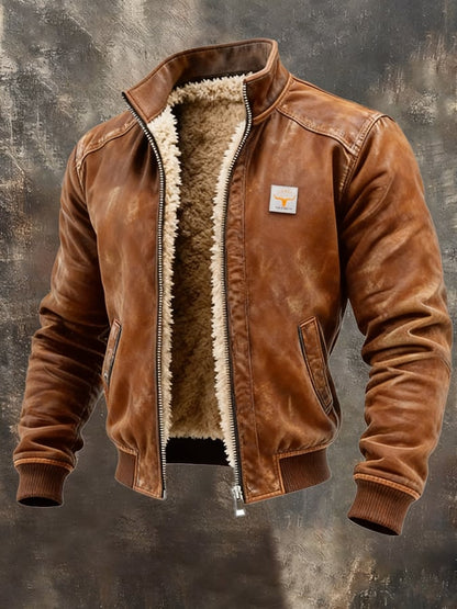 Warm-lined men's aviator jacket with stand collar, zip front and ribbed trims