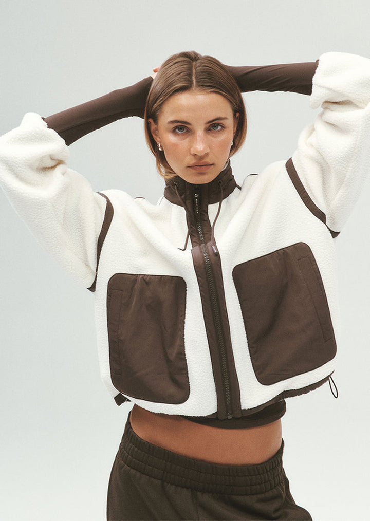Men's white and brown colour block sherpa jacket