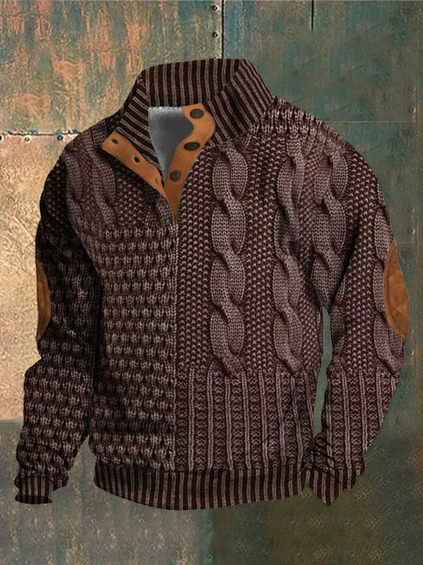 Men's patterned cable knit sweater with crew neck and suede elbow patches