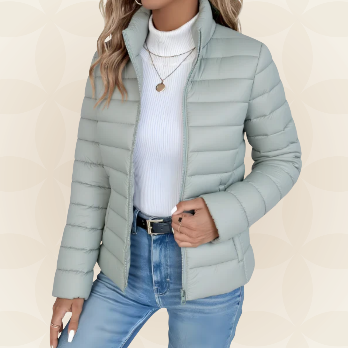 Women's quilted puffer jacket in grey and black with zip closure and stand-up collar