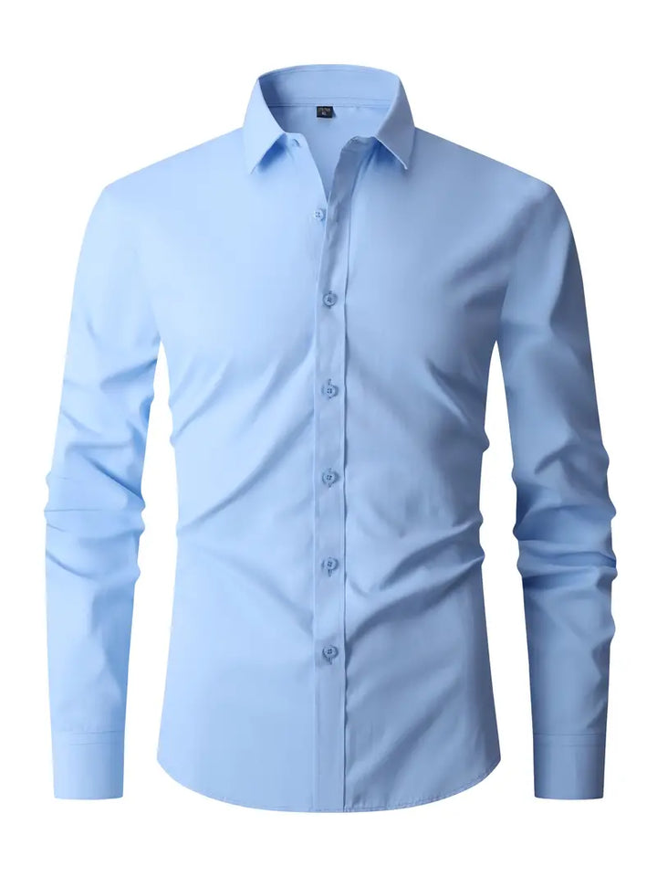 Men's fitted long sleeve shirt with point collar and button front in white